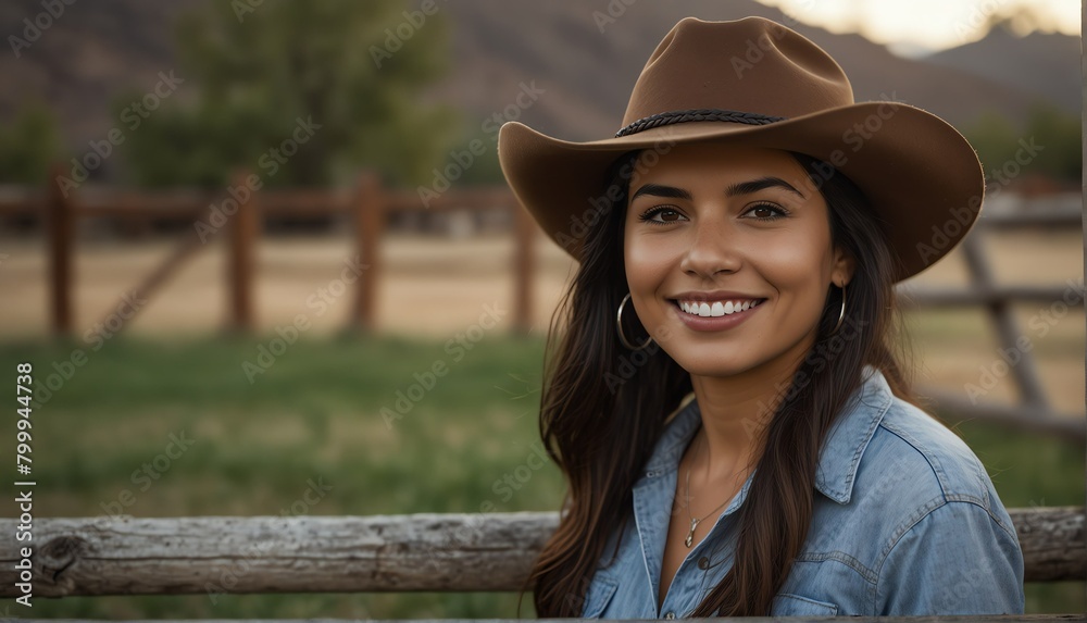hispanic woman smiling looking at camera portrait with outdoor ranch farm background from Generative AI