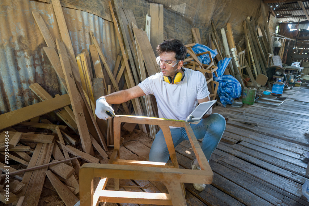 A man with safety goggles, hearing protection, and gloves engaged in woodworking. Measuring a piece of a chair, with a tape measure while holding a digital tablet.