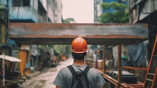 Builder carries a steel beam on his shoulder Generative AI photo