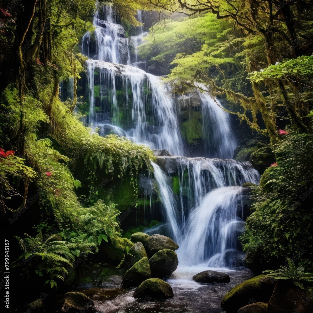 Lush Waterfall in Verdant Forest