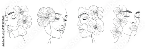 Woman face with flowers continuous one line style, female head portrait outline minimalist linear lady sketch cosmetic salon concept art hand drawn drawing set vector illustration
