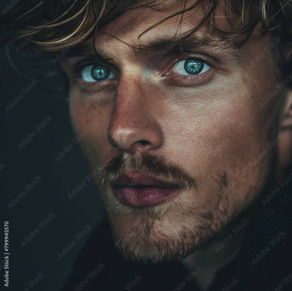 Fototapeta premium scandinavian man 30 years old, islandic model, emotional, fashion, editorial photo, close up,cinamatic, esthetics, studio shot, light skin