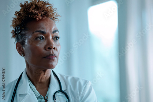 A professional portrait showing a confident woman doctor in a medical setting, with a stethoscope around her neck photo