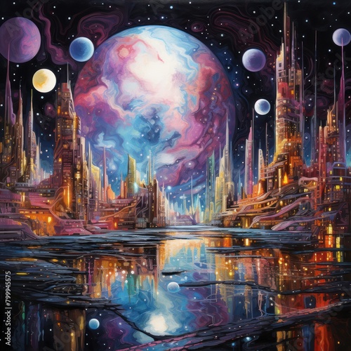 Futuristic Cityscape with Cosmic Backdrop