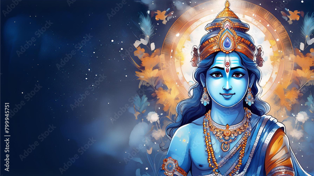 Lord Krishna with universe theme background; 2d Digital illustration