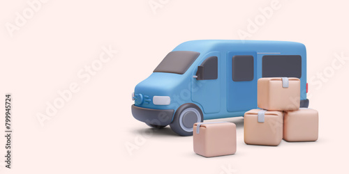 Blue delivery van with stacks of parcels in realistic style isolated on light background. Vector illustration
