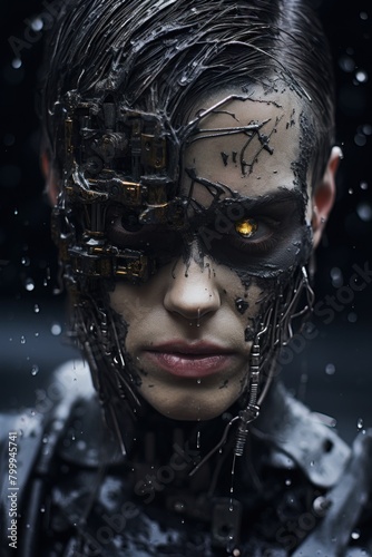 Futuristic Cyborg Portrait in Snowstorm