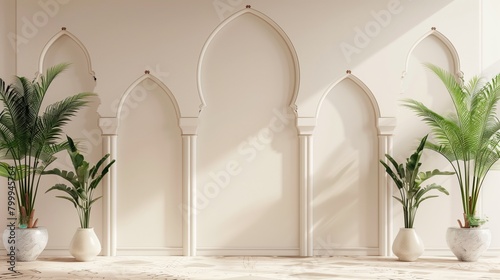 Elegant interior with arched entrances and decorative tropical plants in stylish vases, casting soft shadows on a creamy background. photo