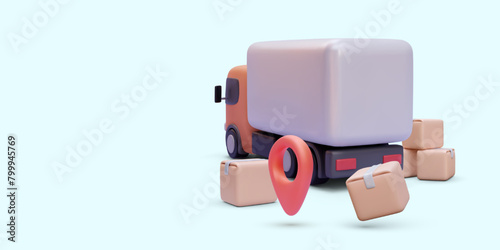 Delivery truck, parcels and pointer in realistic style isolated on light background. Vector illustration