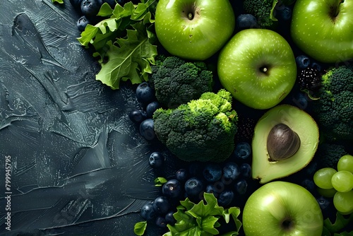 Green fruits and vegetables arranged in a banner layout. Concept Green Fruits, Green Vegetables, Banner Layout, Fresh Produce, Healthy Eating photo