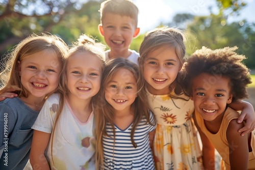 Kids having fun outdoors in summer. Group portrait of happy little school children in the park. Bunch of cheerful friends posing and looking at the camera and smiling