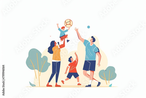 Family playing with a ball illustration. Flat illustration of family playing basketball. Isolated white background