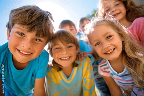 Cute little children playing together and having fun. Group portrait of happy kids huddling, looking down at camera and smiling. Low angle, view from below. Friendship concept