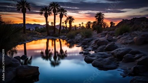 Serene desert oasis at sunset
