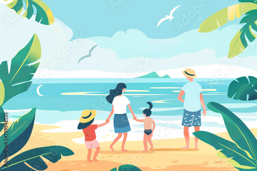 Family on the beach illustration. Family having picnic on the beach. Summer background.