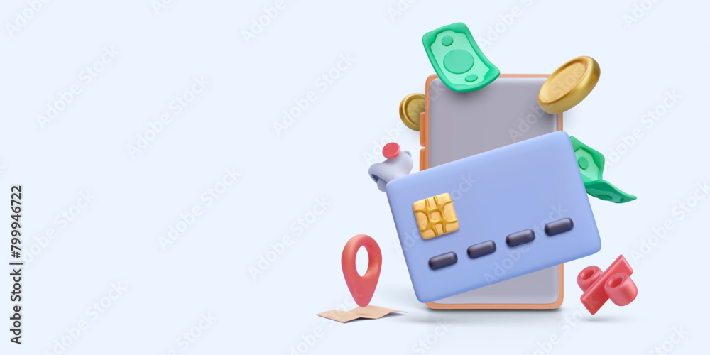 Shopping online concept in realistic style with credit card, phone, map, bell, coins, dollars, discount. Vector illustration Shopping online concept in realistic style with credit card, phone, map, bell, coins, dollars, discount. Vector illustration