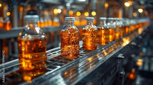 Bottles on production line in factory