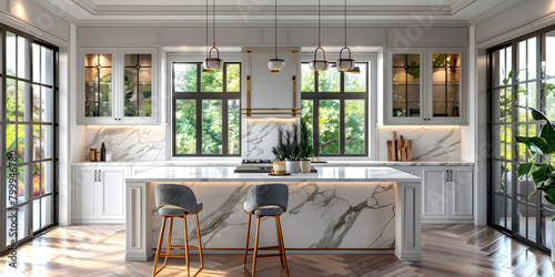 Modern luxury white kitchen Large kitchen island with marble countertops and bar stools luxurious chandeliers expensive kitchen appliances panoramic windows. 