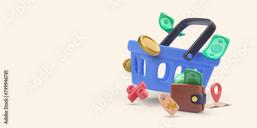 Shopping concept in realistic style with basket, wallet, dollars, discount, coins, map. Vector illustration
