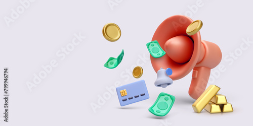 Marketing concept banner i  realistic style with megaphone, coins, dollars, bell, credit card, gold bars. Vector illustration