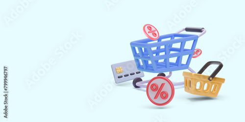 Shopping concept in realistic style with cart, credit card, basket, discount. Vector illustration