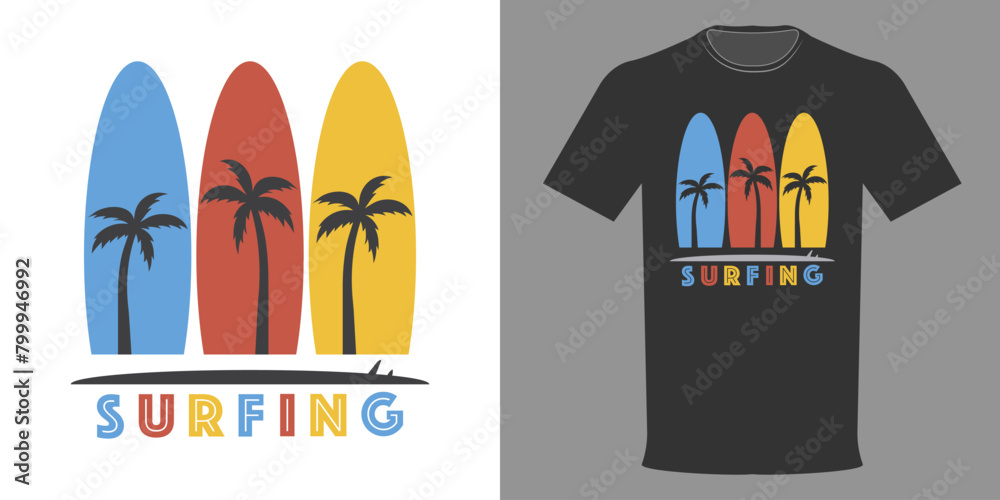 Fototapeta premium Vector illustration on the theme of surf a. Typography, t-shirt graphics, print, poster, banner, flyer, postcard