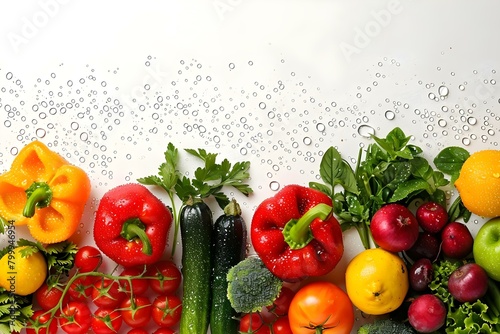 Fresh and Colorful Produce with Water Droplets on a White Background Encouraging Healthy Eating. Concept Food Photography, Fresh Produce, Healthy Eating, Colorful Background, Water Droplets