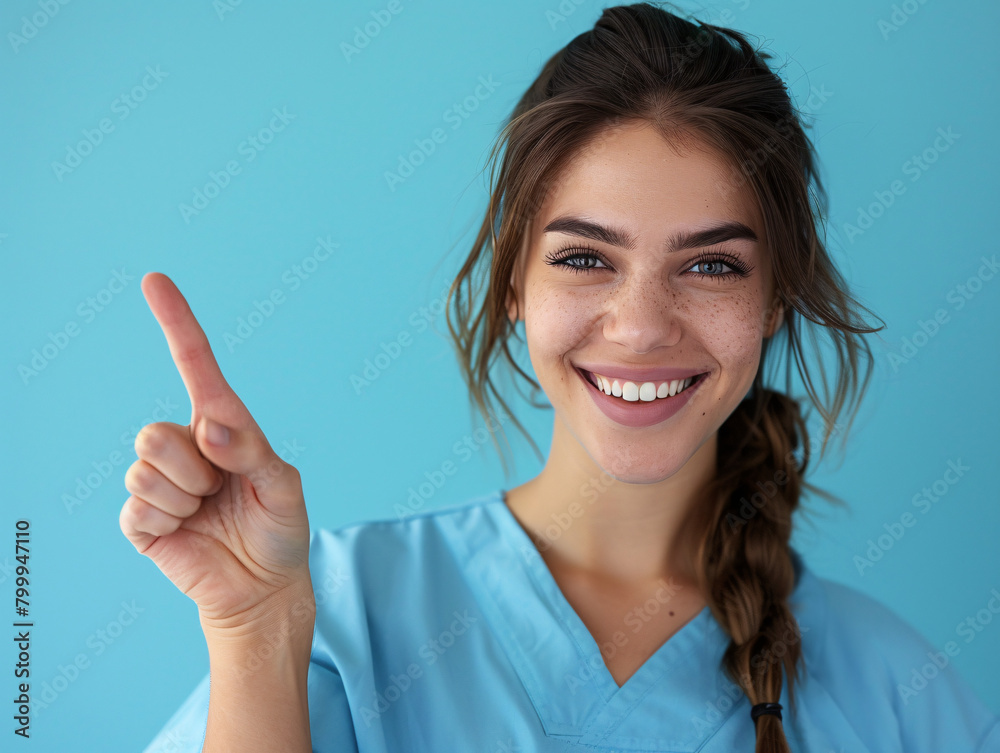 Confident Healthcare Worker Pointing Upwards Confident Healthcare Worker Pointing Upwards