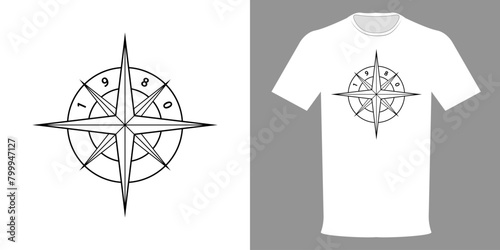 Vector illustration of a t-shirt with an eight-point compass in the form of a compass rose. Tyographic print in a minimalist style