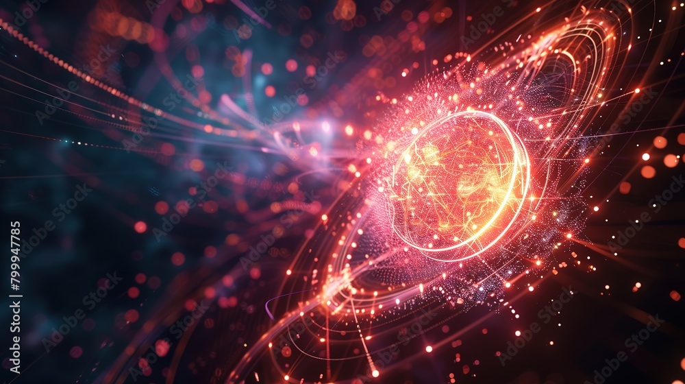 High tech server visualization, displaying particle data streams, circular computing interfaces, and virtual reality environments High tech server visualization, displaying particle data streams, circular computing interfaces, and virtual reality environments