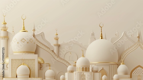 Elegant monochrome image of Islamic architecture with golden accents on domes and minarets. photo