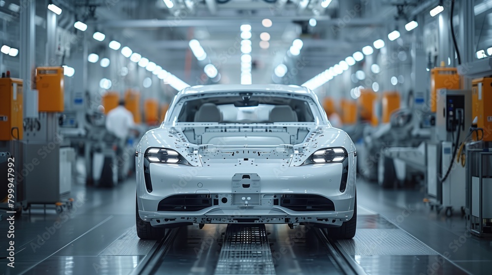 Wide banner format captures the futuristic production line of an electric vehicle factory, with workers assembling high-performance components with precision and care Wide banner format captures the futuristic production line of an electric vehicle factory, with workers assembling high-performance components with precision and care