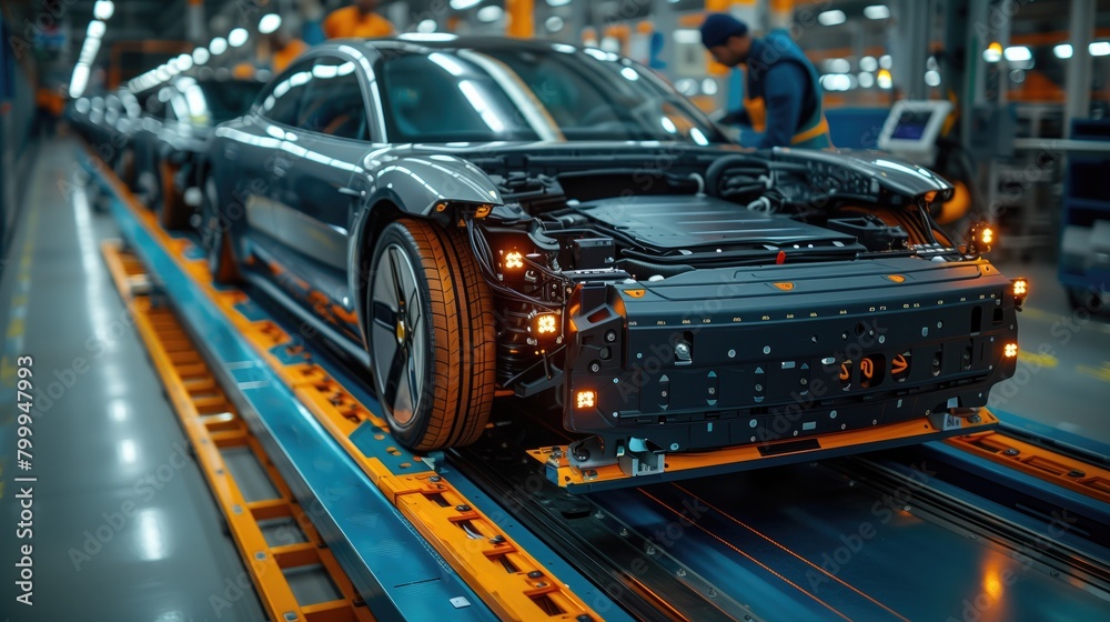 Wide banner format captures the futuristic production line of an electric vehicle factory, with workers assembling high-performance components with precision and care Wide banner format captures the futuristic production line of an electric vehicle factory, with workers assembling high-performance components with precision and care