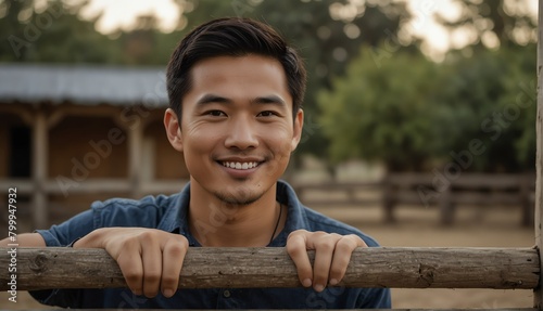 asian guy smiling looking at camera portrait with outdoor ranch farm background from Generative AI
