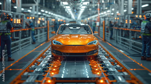 Wide banner format captures the futuristic production line of an electric vehicle factory, with workers assembling high-performance components with precision and care