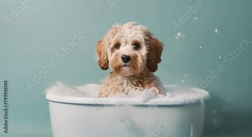 Cute puddle puppy dog in a small bathtub bathing with soap foam and bubbles looking at camera while soap bubbles are blowing through the air