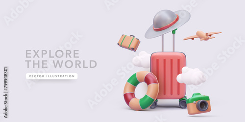 Travel concept poster in realistic style with clouds, suitcase, hat, camera, airplane, lifebuoy. Vector illustration