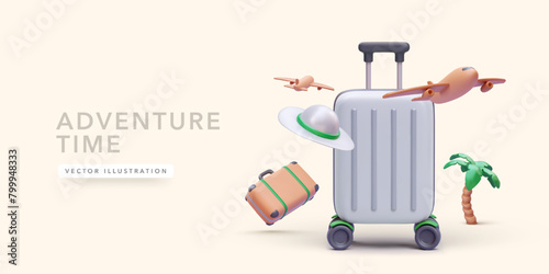 Adventure concept poster in realistic style with suitcase, palm tree, hat, airplane. Vector illustration