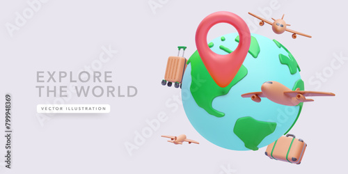 Explore the world concept poster in realistic style with planet, suitcase, airplane, map, pointer. Vector illustration
