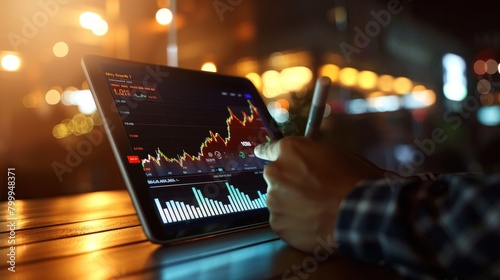 hand holding tablet with financial stock market chart