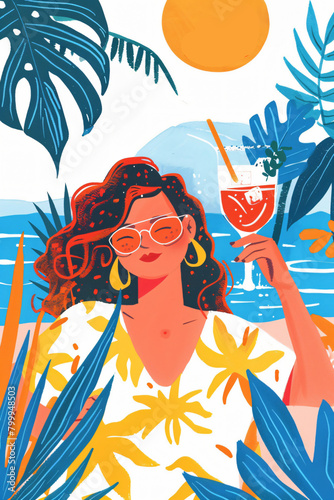 Illustration of woman with a cocktail sitting on the beach. Tropical woman illustration. Summer illustrated poster.