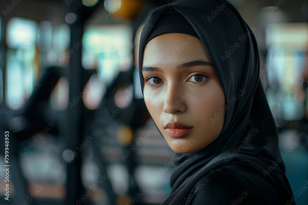 Generative AI illustration of charming abaric woman in hijab headscarf, religious woman in modern world Generative AI illustration of charming abaric woman in hijab headscarf, religious woman in modern world