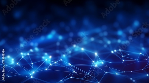 Futuristic network of nodes and lines on a dark blue background, suitable for technology-themed events or presentations.