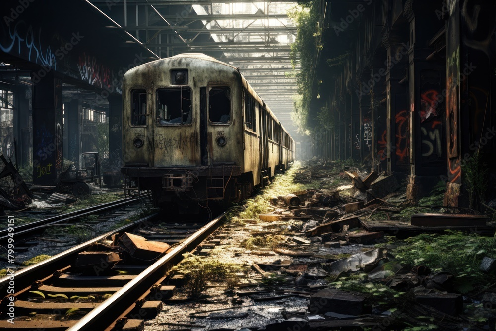 Abandoned Train in Overgrown Urban Landscape Abandoned Train in Overgrown Urban Landscape