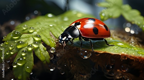 A ladybug on a leaf with water drops.