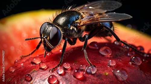 A macro photo of a fly on a red fruit with water droplets. photo