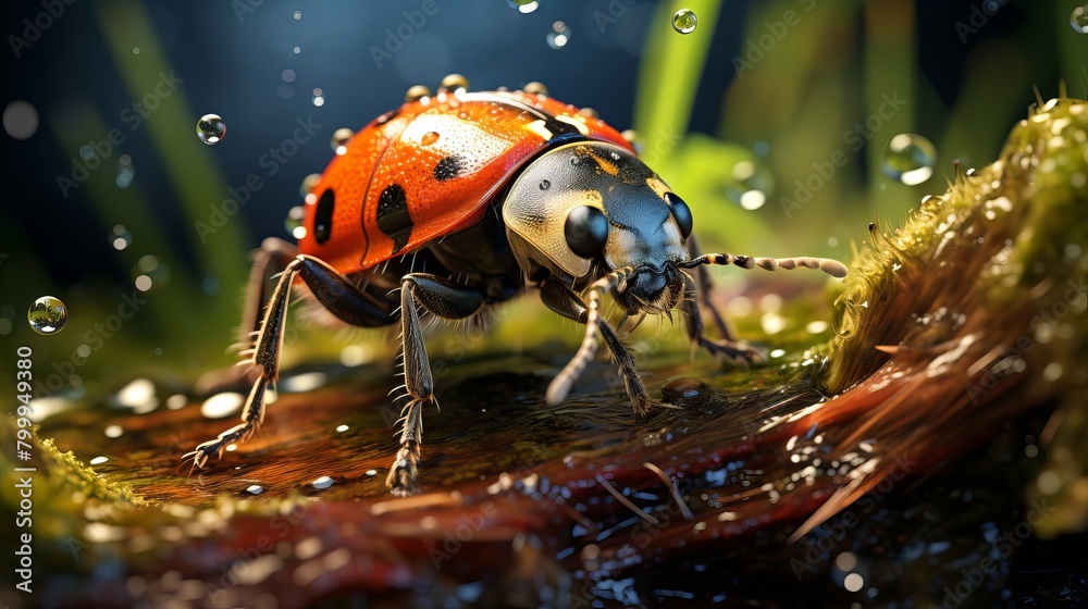 Obraz premium A photo of a ladybug on a leaf in the rain.