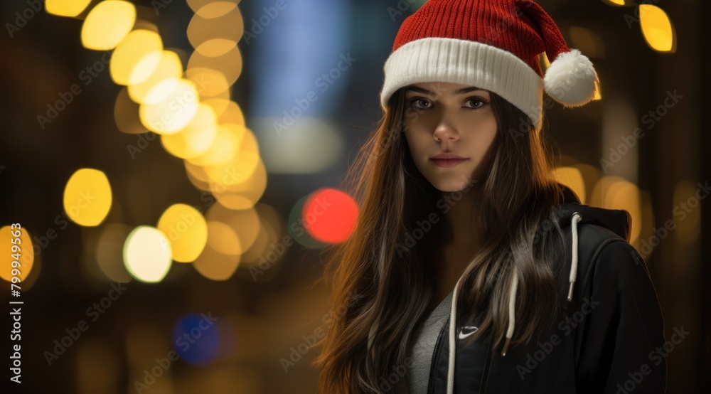 Young woman in winter clothing against festive lights