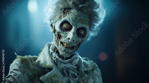 Creepy zombie figure with glowing eyes and disheveled hair photo
