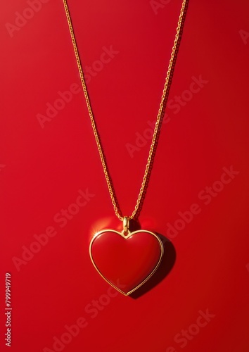 Golden heart pendant on red background